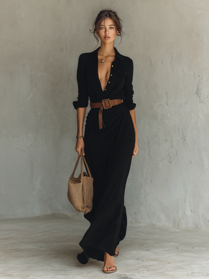 Mia | Women's Maxi Shirt Dress Belted Waist Rolled Sleeves