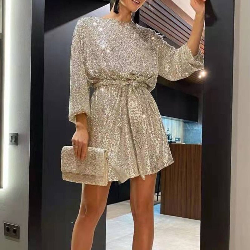 Gemma | Women's Sequin Mini Party Dress Loose Fit Long Sleeve