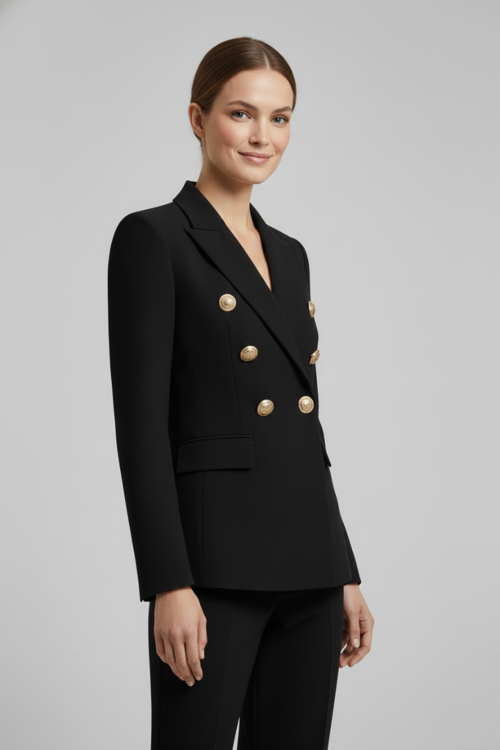 Mabel Double-Breasted Blazer with Gold-Tone Button Details