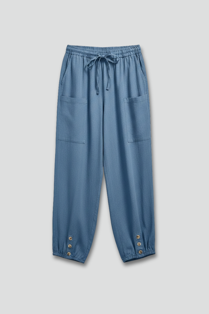 Amelia Trousers with Drawstring Waist and Button Hem