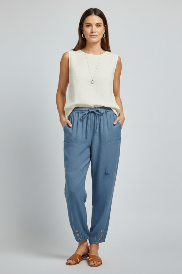 Amelia Trousers with Drawstring Waist and Button Hem