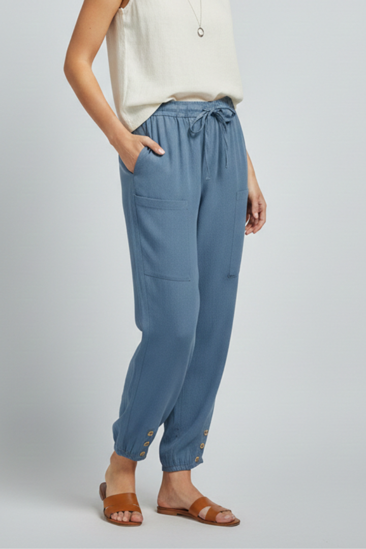 Amelia Trousers with Drawstring Waist and Button Hem