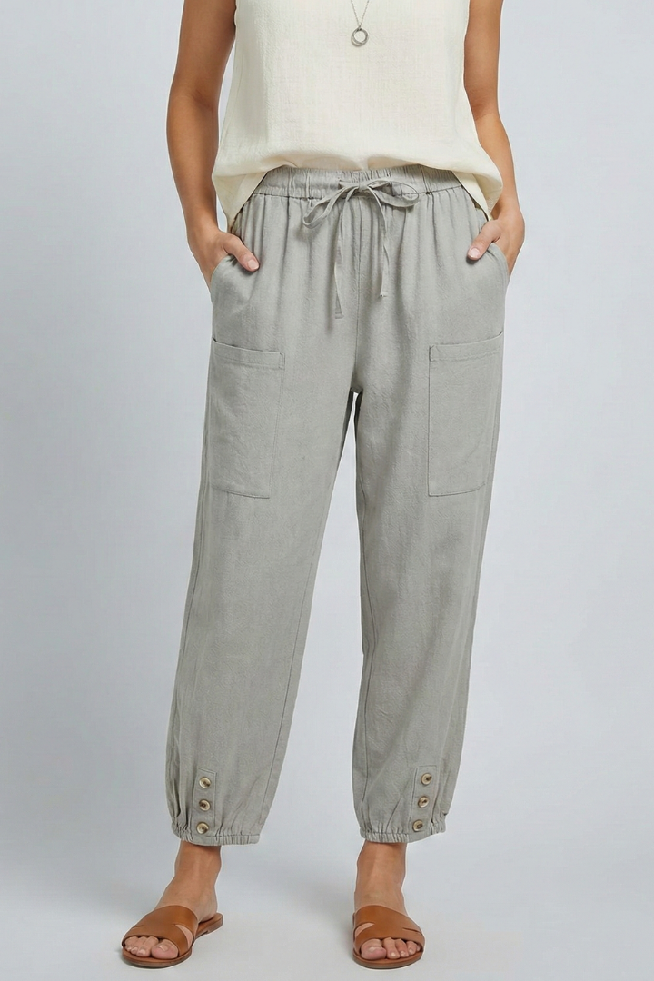 Amelia Trousers with Drawstring Waist and Button Hem