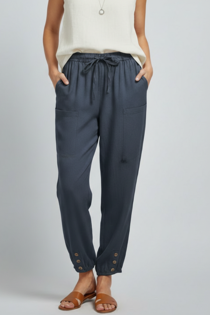 Amelia Trousers with Drawstring Waist and Button Hem
