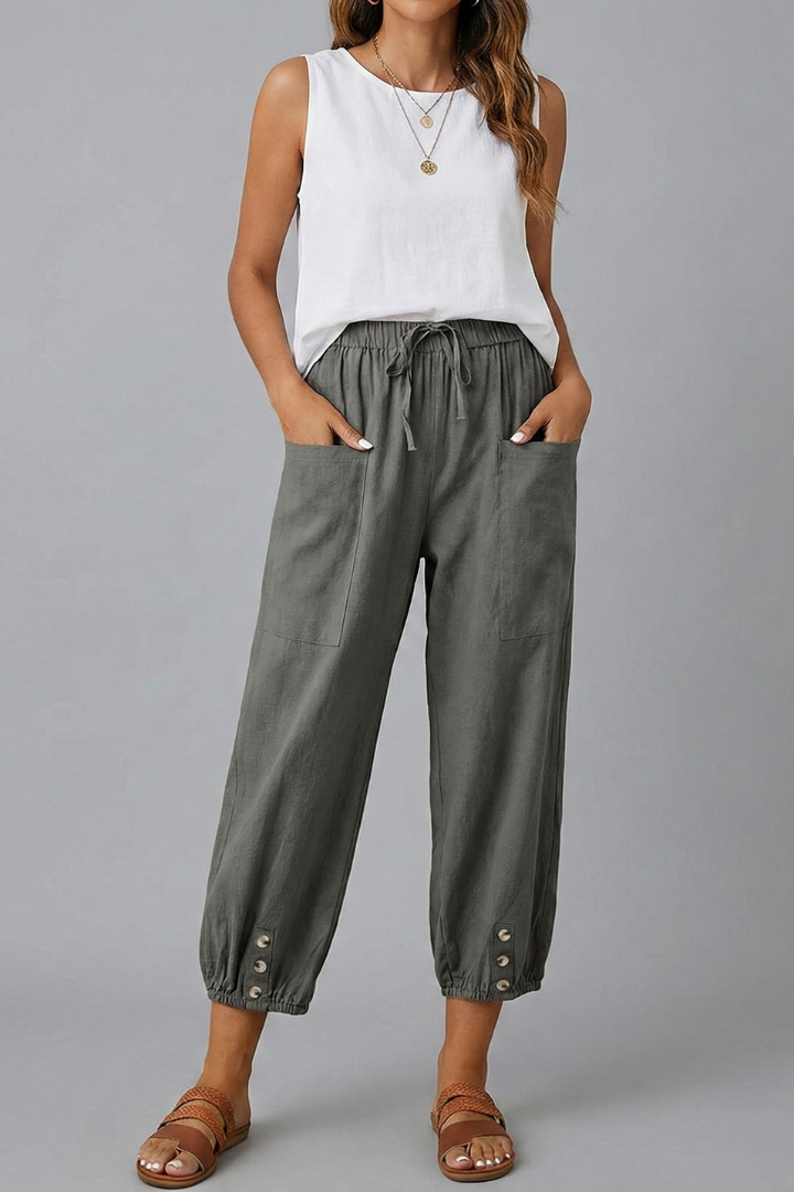Amelia Trousers with Drawstring Waist and Button Hem
