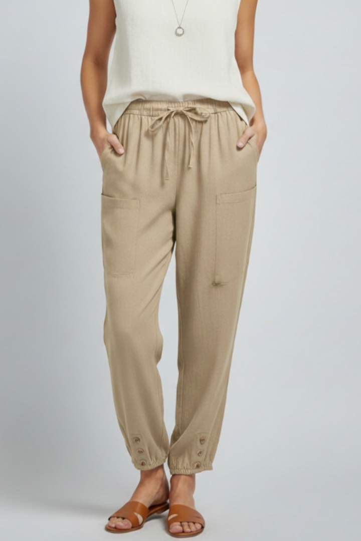 Amelia Trousers with Drawstring Waist and Button Hem