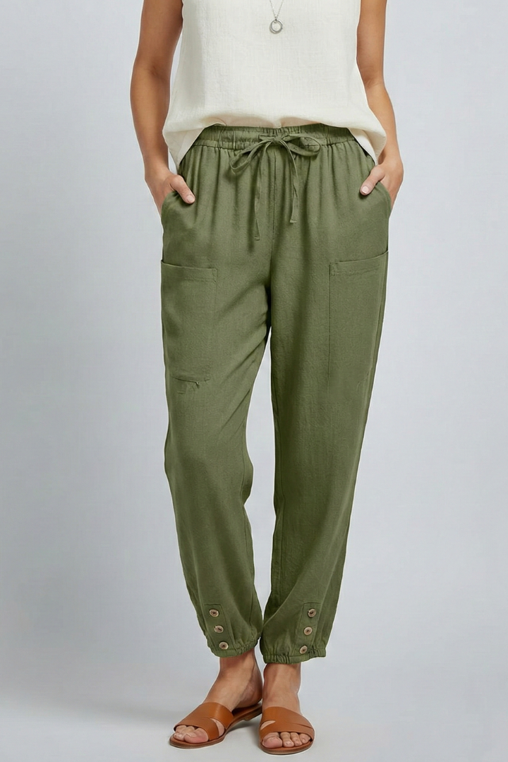 Amelia Trousers with Drawstring Waist and Button Hem