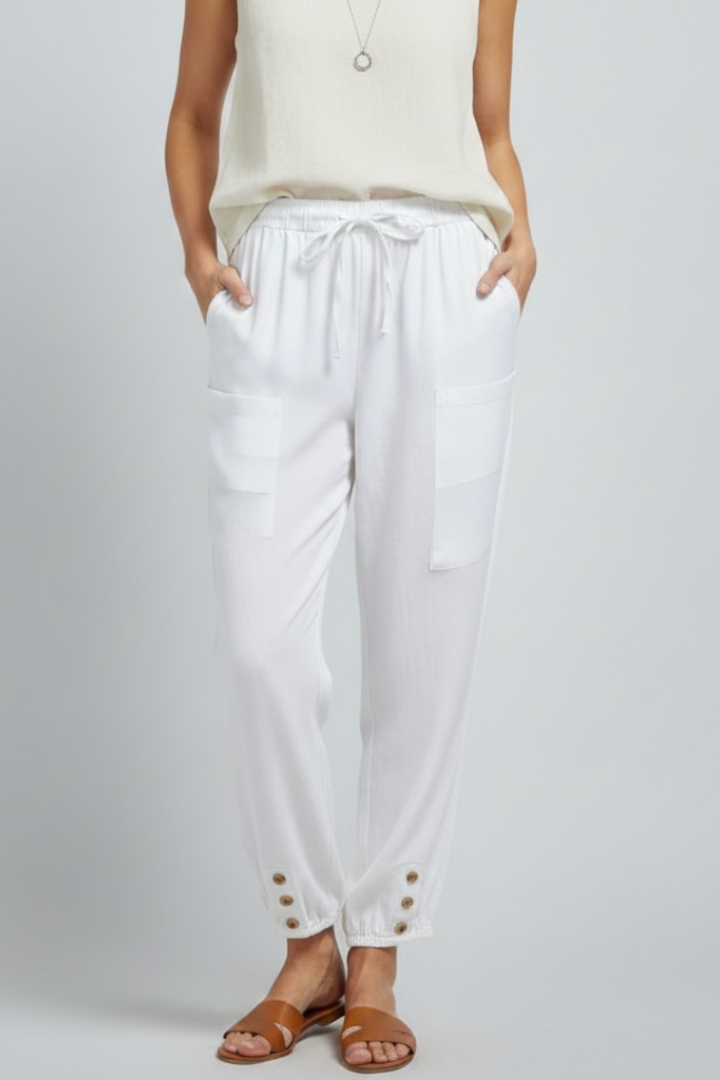 Amelia Trousers with Drawstring Waist and Button Hem
