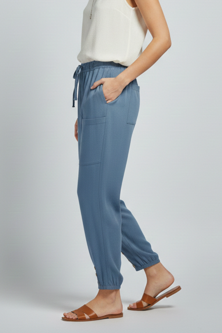Amelia Trousers with Drawstring Waist and Button Hem