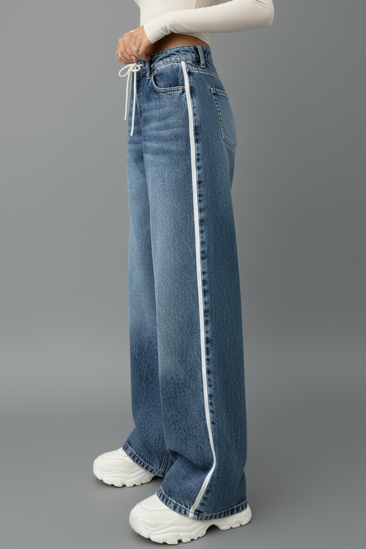 Harper Relaxed Wide-Leg Denim Jeans with Drawstring Detail