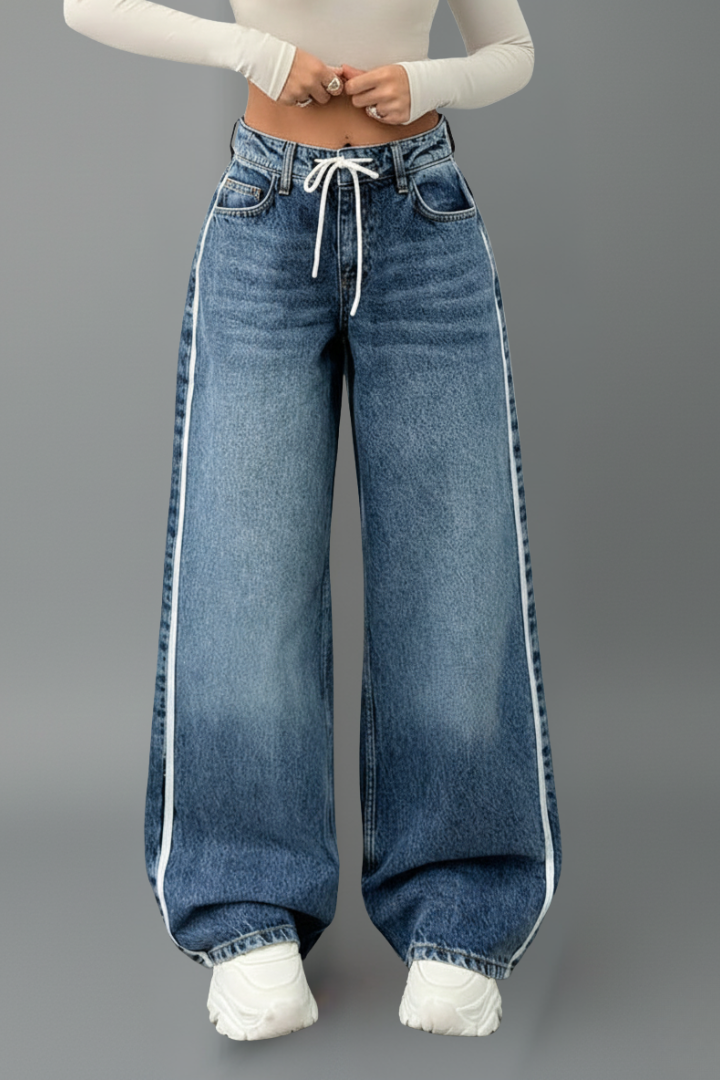 Harper Relaxed Wide-Leg Denim Jeans with Drawstring Detail