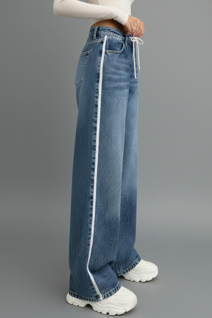 Harper Relaxed Wide-Leg Denim Jeans with Drawstring Detail