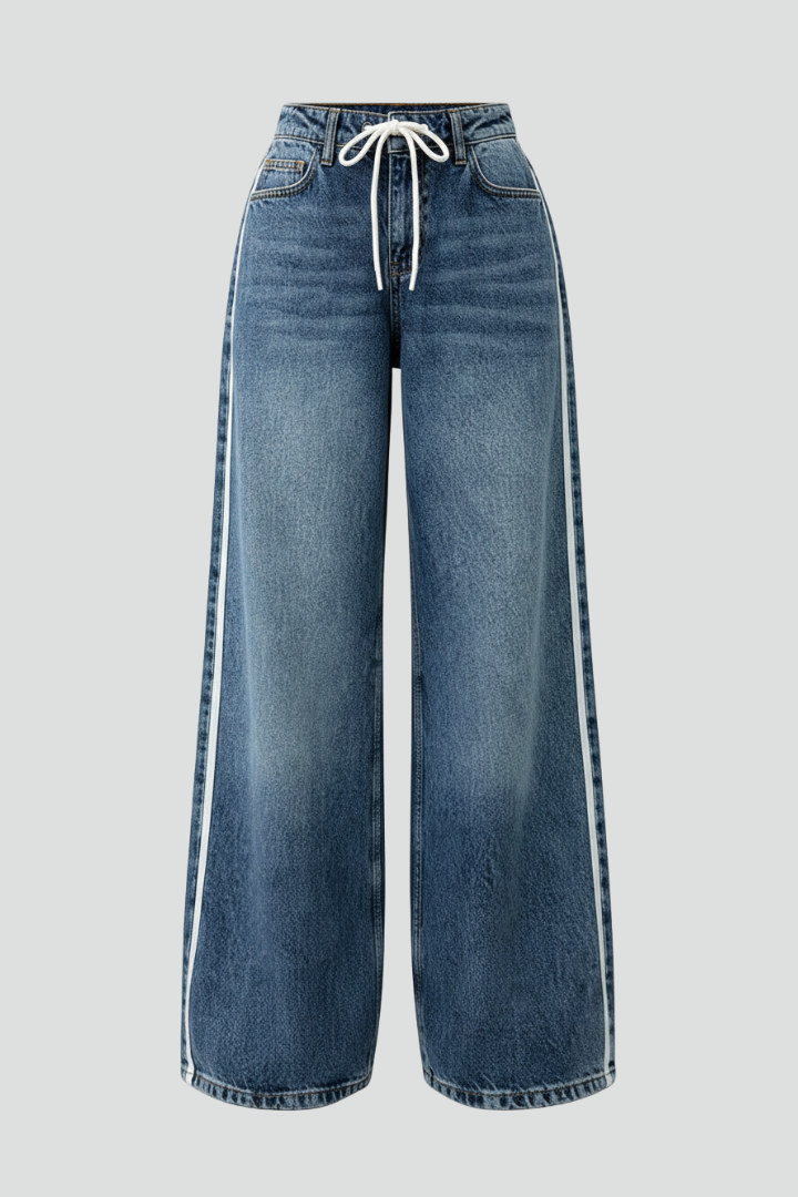 Harper Relaxed Wide-Leg Denim Jeans with Drawstring Detail