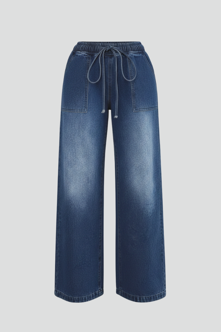 Chloe Casual Wide-Leg Trousers with Drawstring Waist and Patch Pockets