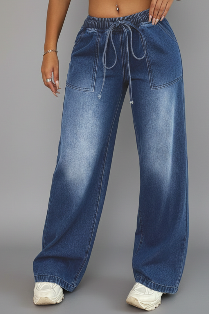 Chloe Casual Wide-Leg Trousers with Drawstring Waist and Patch Pockets
