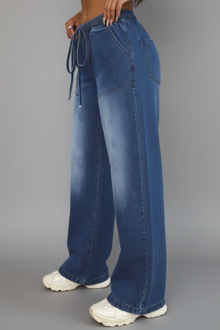Chloe Casual Wide-Leg Trousers with Drawstring Waist and Patch Pockets