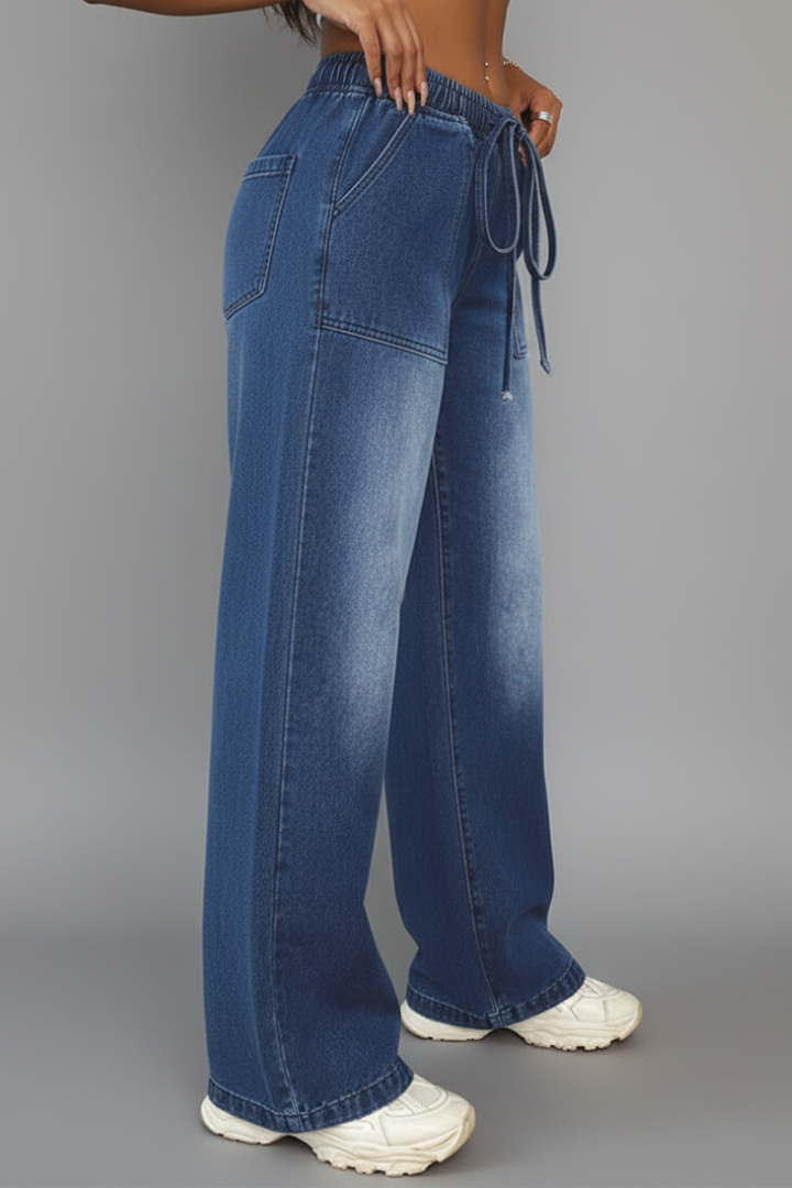 Chloe Casual Wide-Leg Trousers with Drawstring Waist and Patch Pockets
