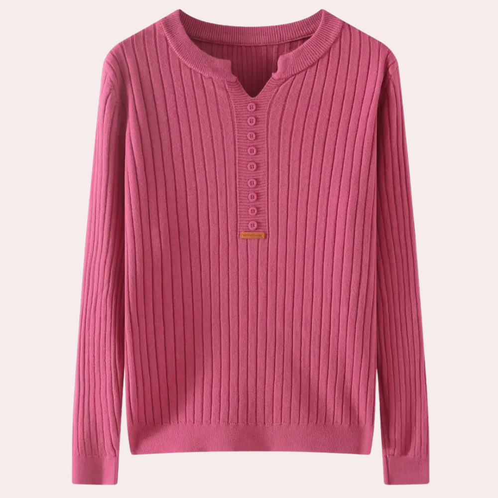 Orla | Women's Ribbed Knit Jumper Notched Neck Button Placket