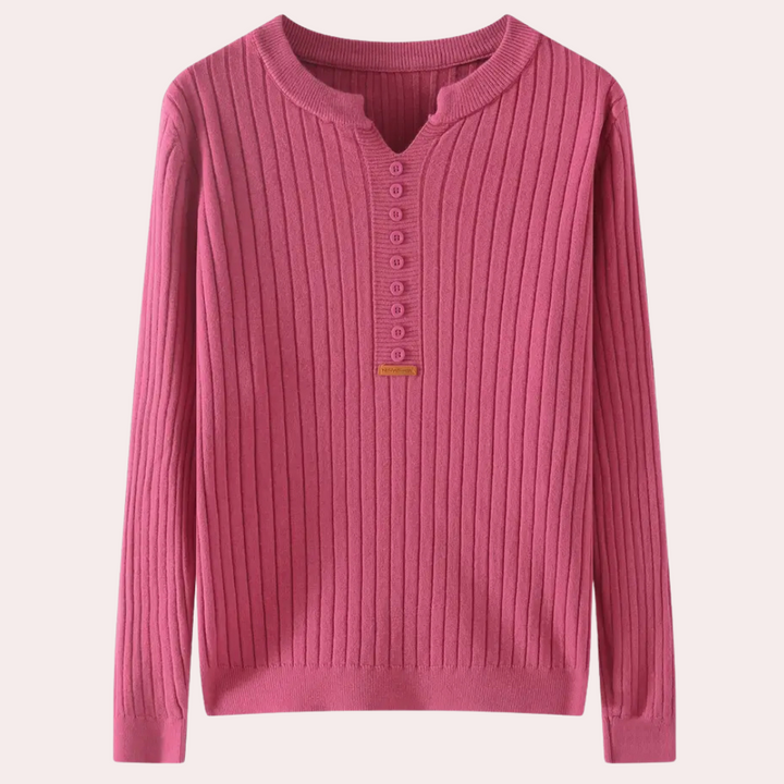 Orla | Women's Ribbed Knit Jumper Notched Neck Button Placket