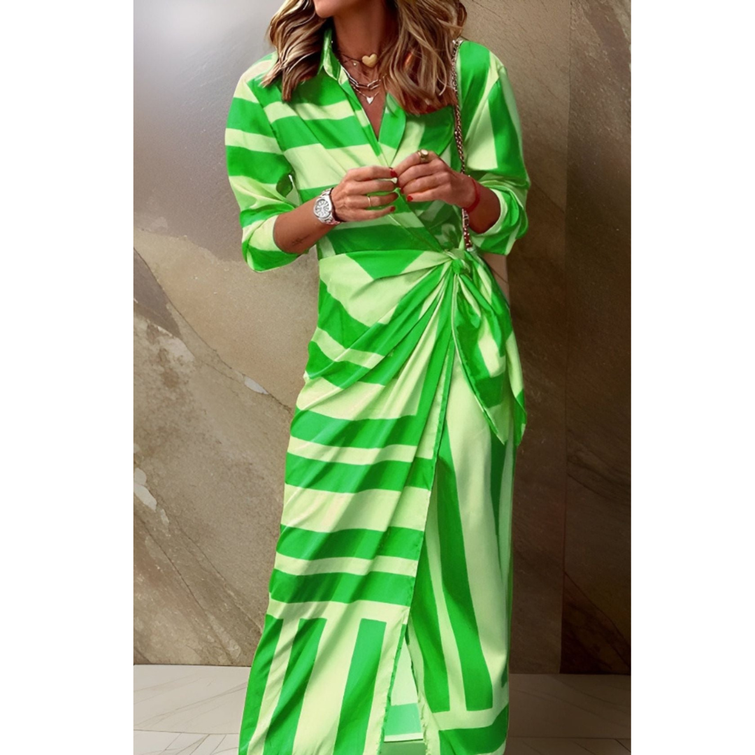 Rose | Women's Striped Wrap Midi Dress V-Neck Shirt Collar Side Tie