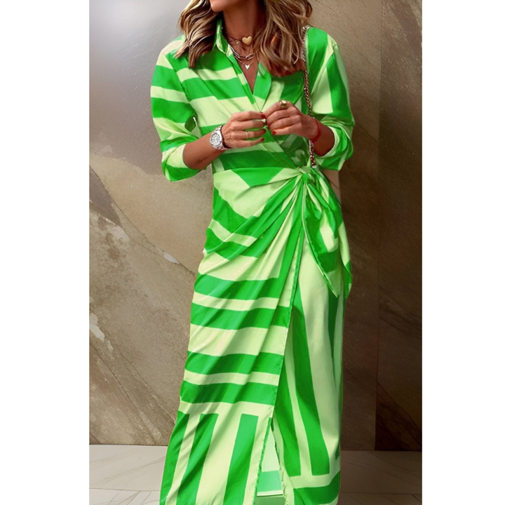 Rose | Women's Striped Wrap Midi Dress V-Neck Shirt Collar Side Tie