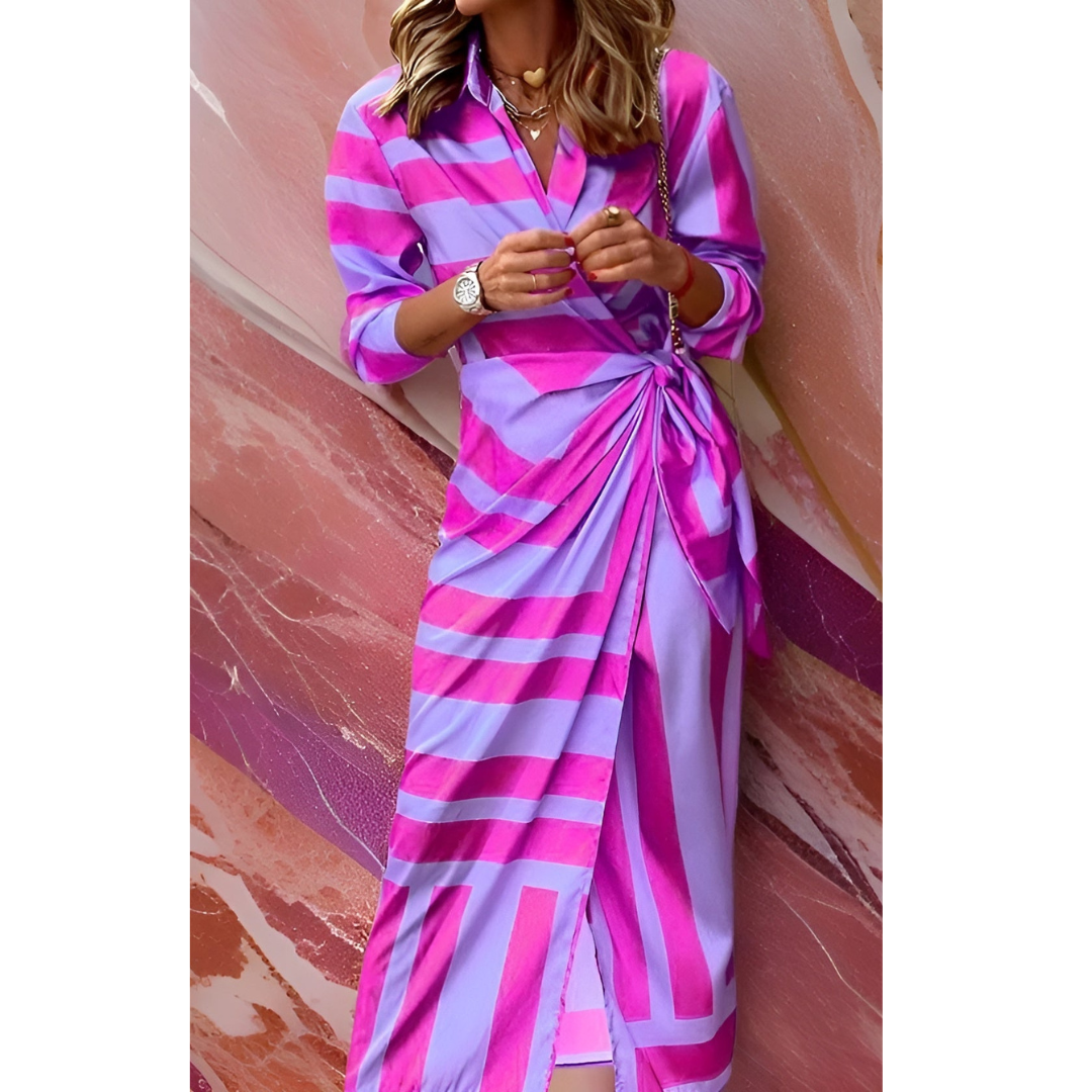 Rose | Women's Striped Wrap Midi Dress V-Neck Shirt Collar Side Tie