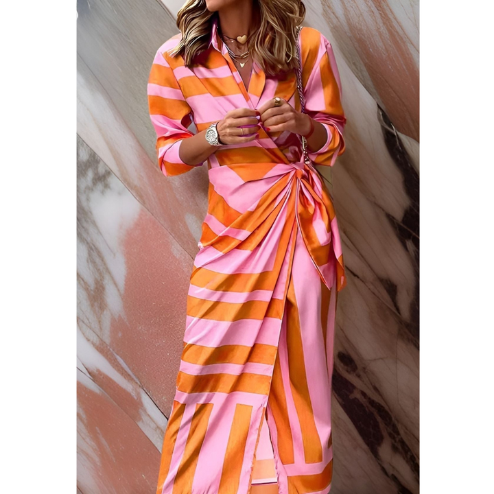 Rose | Women's Striped Wrap Midi Dress V-Neck Shirt Collar Side Tie