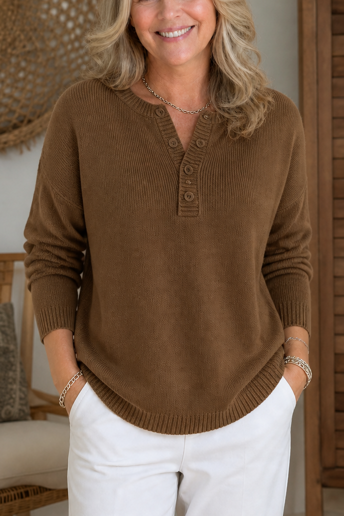 Vanessa | Women's Cotton V-Neck Jumper Button Detail Ribbed Trims