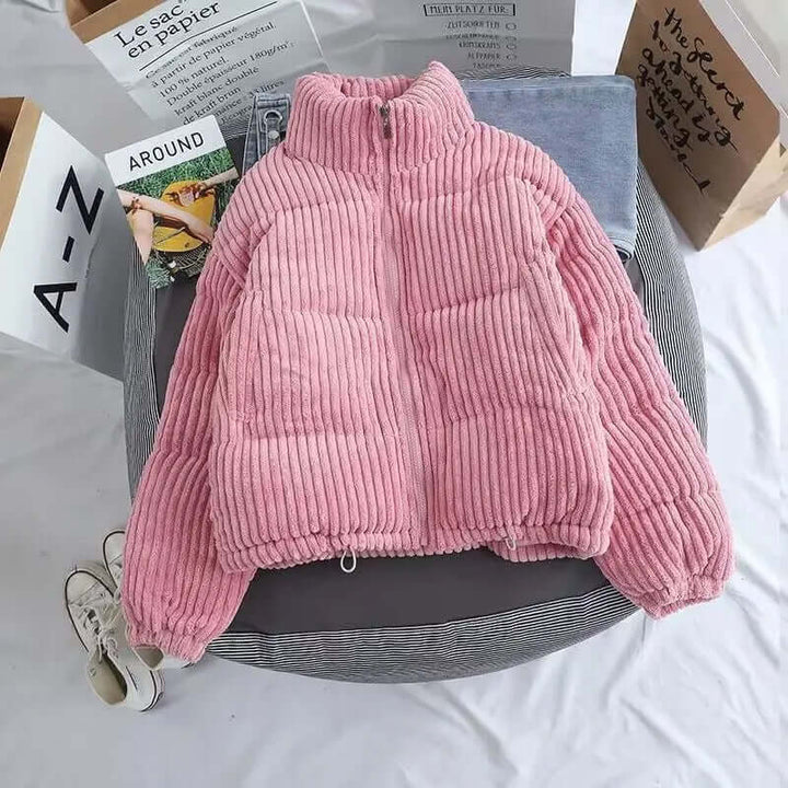 Women’s Oversized Corduroy Puffer Jacket – Quilted High Collar Layer for Winter Wear