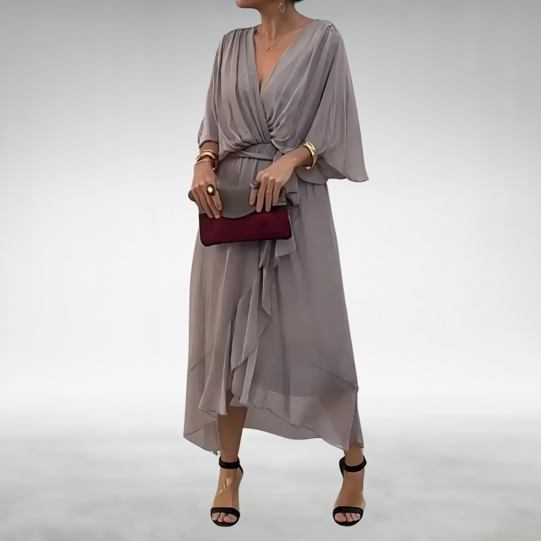 Nell | Women's Wrap Maxi Dress V-Neck Wide Sleeves Asymmetric Hem