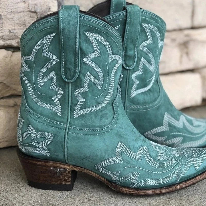 Women’s Western Ankle Boots – Embroidered Cowboy Style with Block Heel