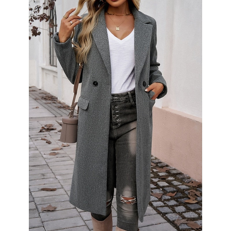 Walpurga | Women's Long Coat Straight Cut Notch Lapel Flap Pockets