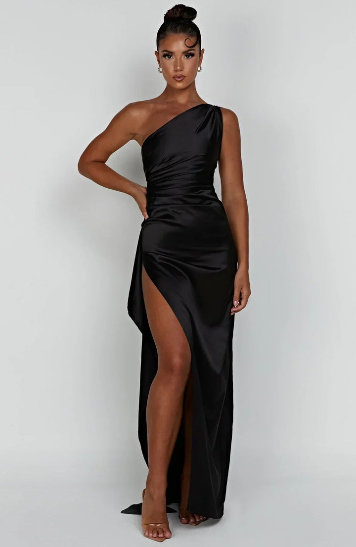 Laura | Women's One-Shoulder Pleated Satin Dress with Slit