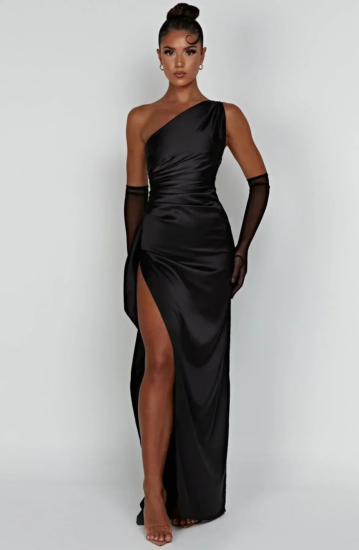 Laura | Women's One-Shoulder Pleated Satin Dress with Slit