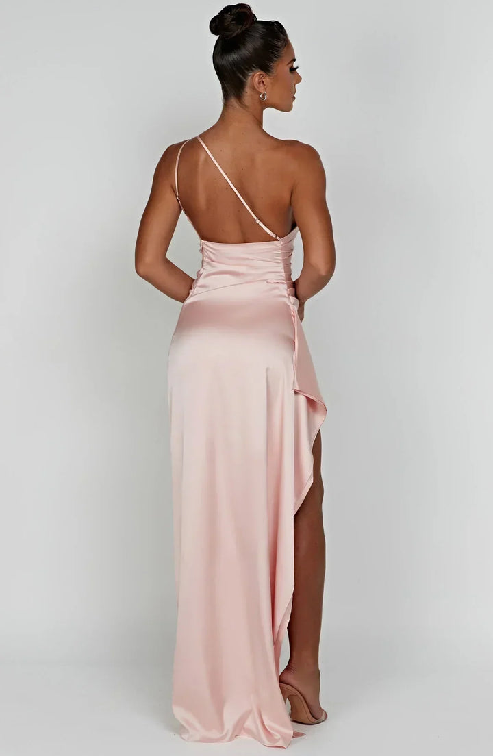 Laura | Women's One-Shoulder Pleated Satin Dress with Slit