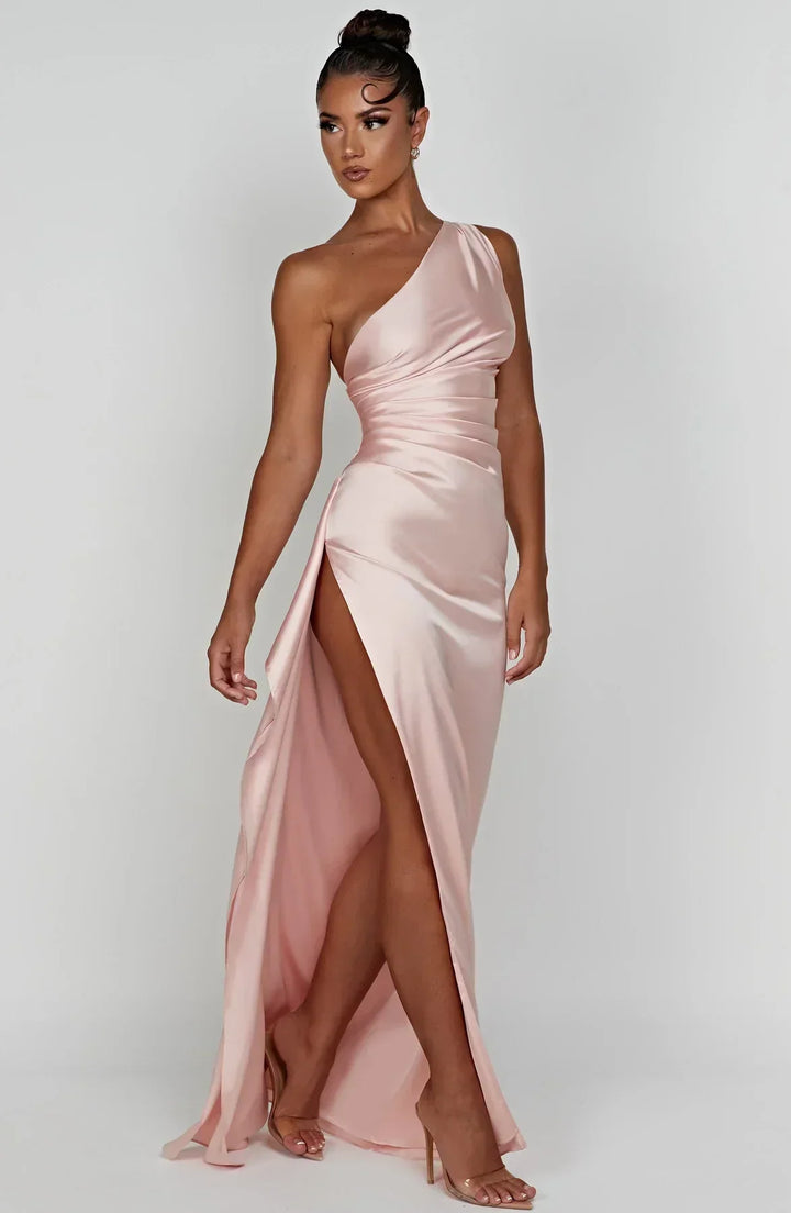 Laura | Women's One-Shoulder Pleated Satin Dress with Slit
