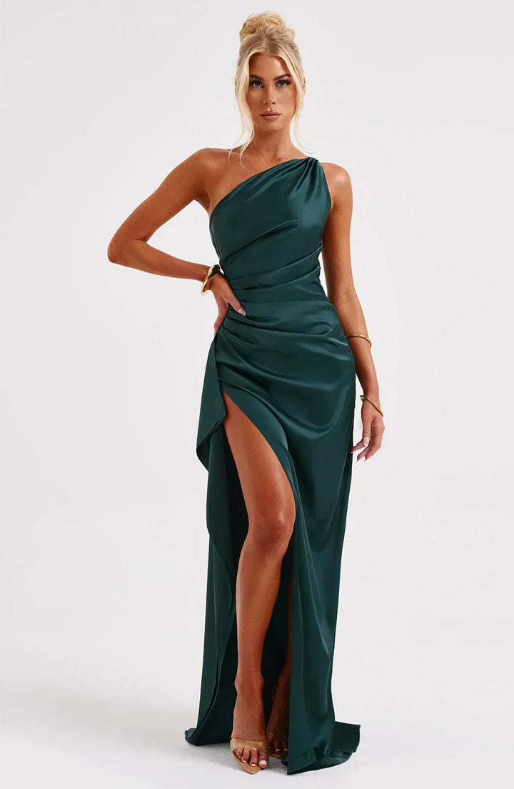 Laura | Women's One-Shoulder Pleated Satin Dress with Slit