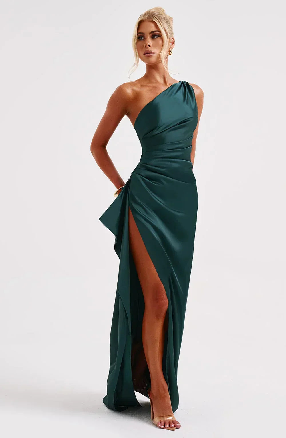 Laura | Women's One-Shoulder Pleated Satin Dress with Slit