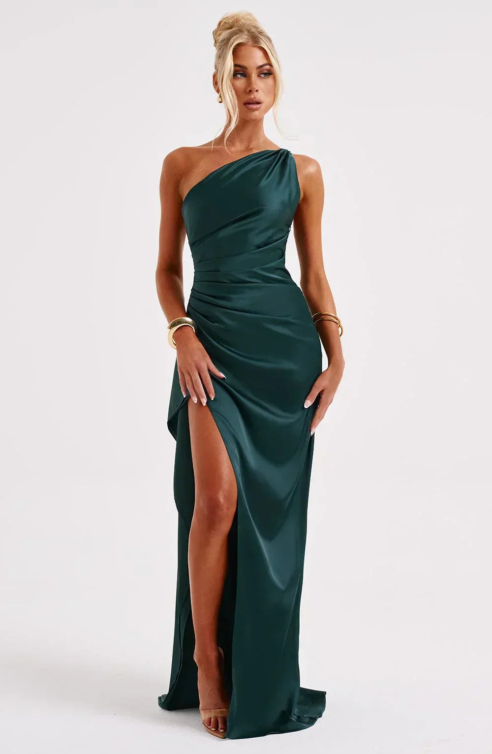 Laura | Women's One-Shoulder Pleated Satin Dress with Slit