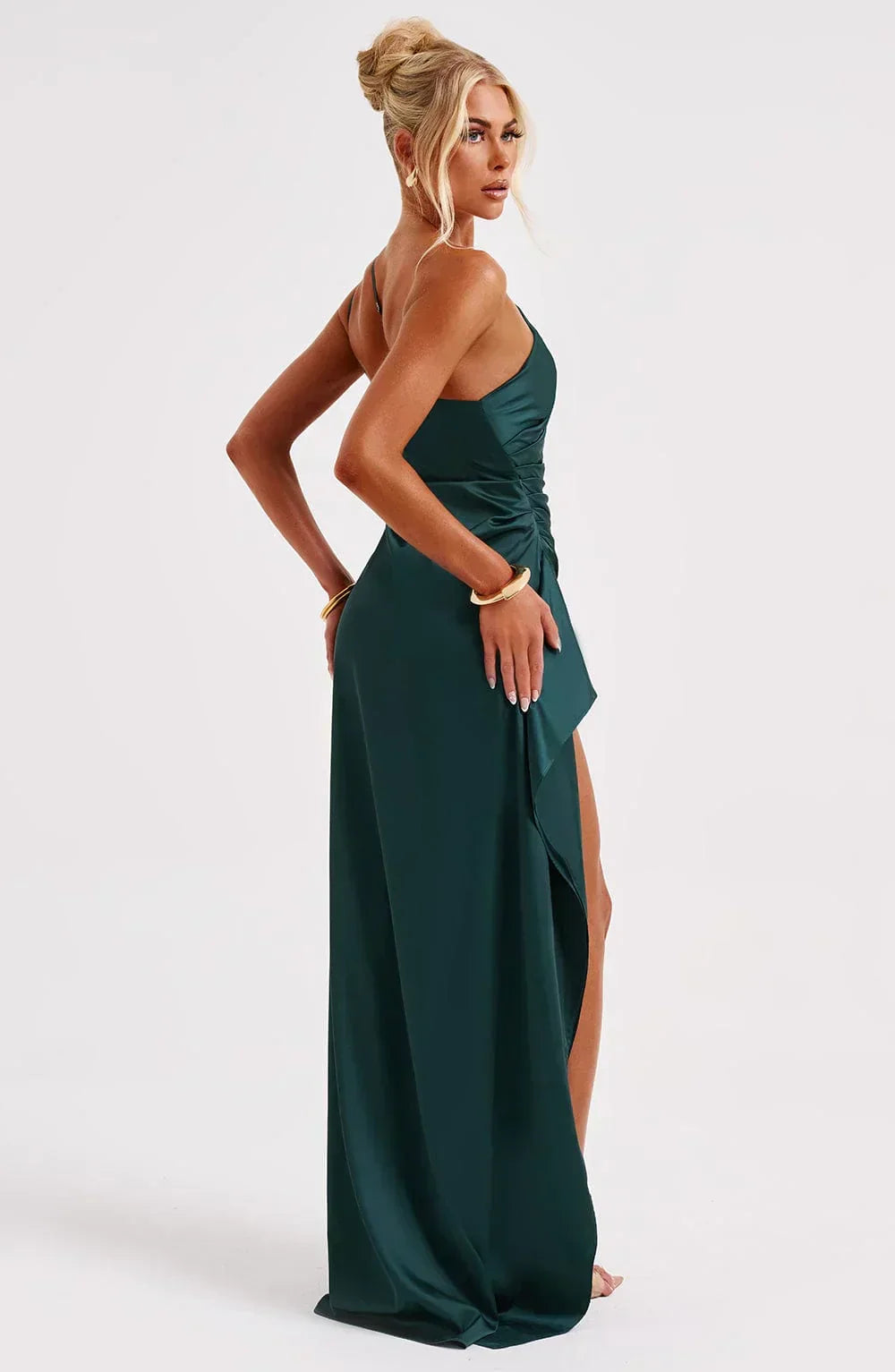 Laura | Women's One-Shoulder Pleated Satin Dress with Slit
