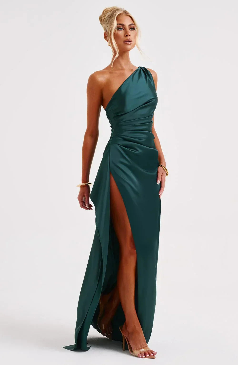 Laura | Women's One-Shoulder Pleated Satin Dress with Slit