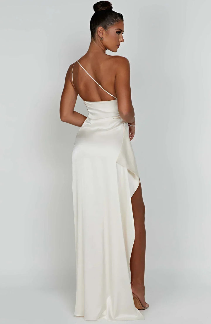 Laura | Women's One-Shoulder Pleated Satin Dress with Slit