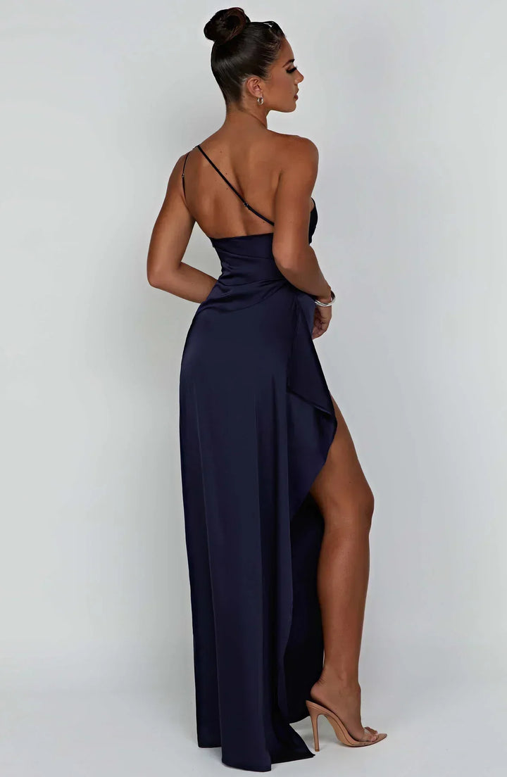 Laura | Women's One-Shoulder Pleated Satin Dress with Slit