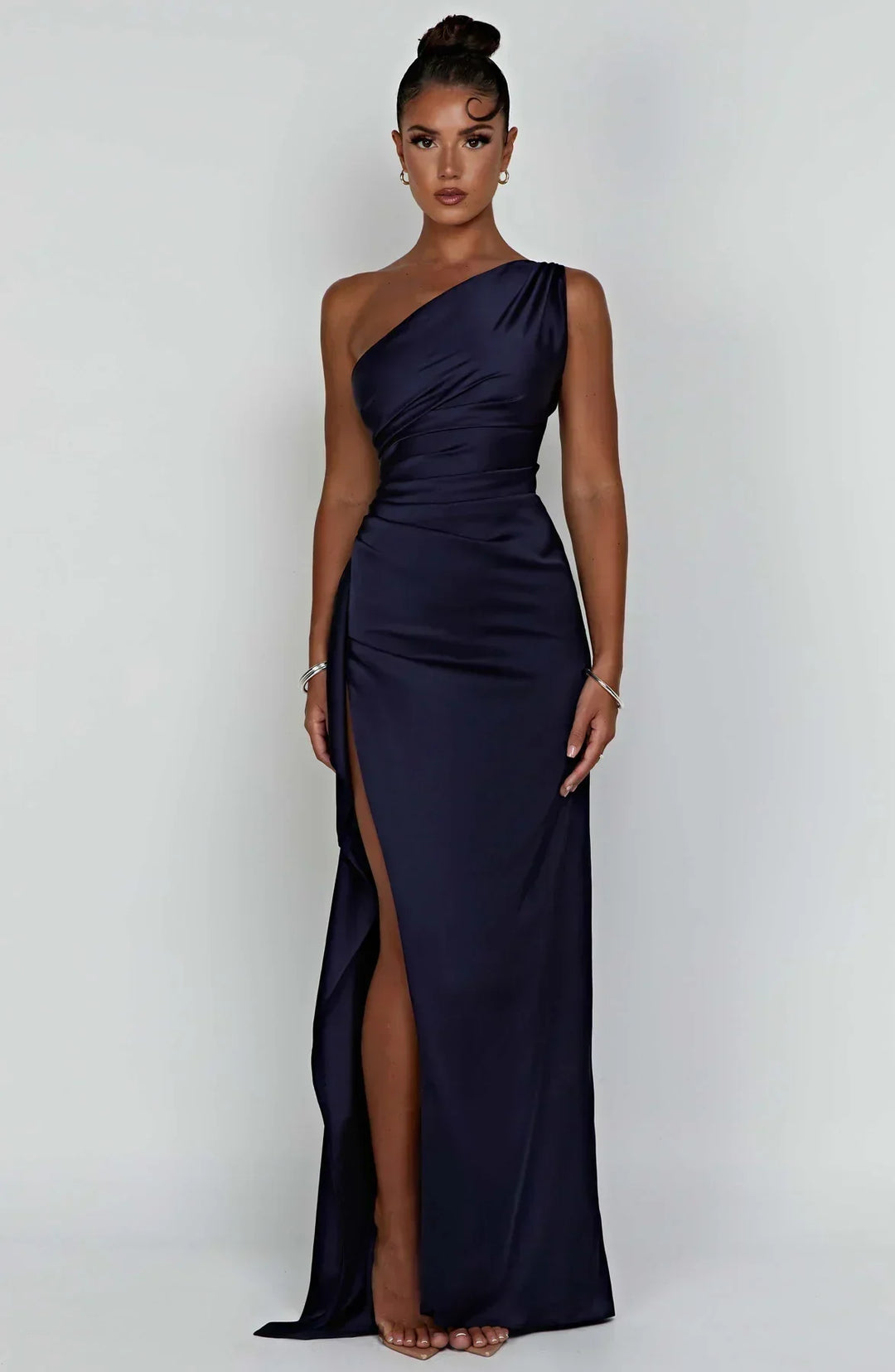 Laura | Women's One-Shoulder Pleated Satin Dress with Slit