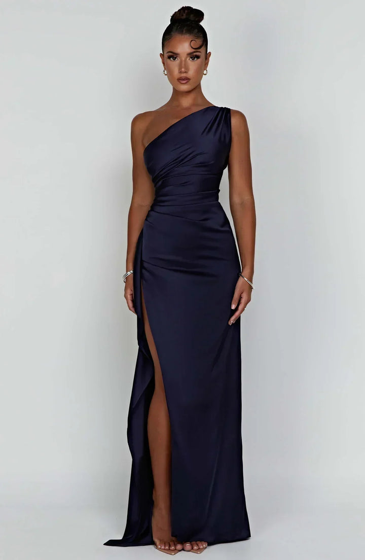 Laura | Women's One-Shoulder Pleated Satin Dress with Slit