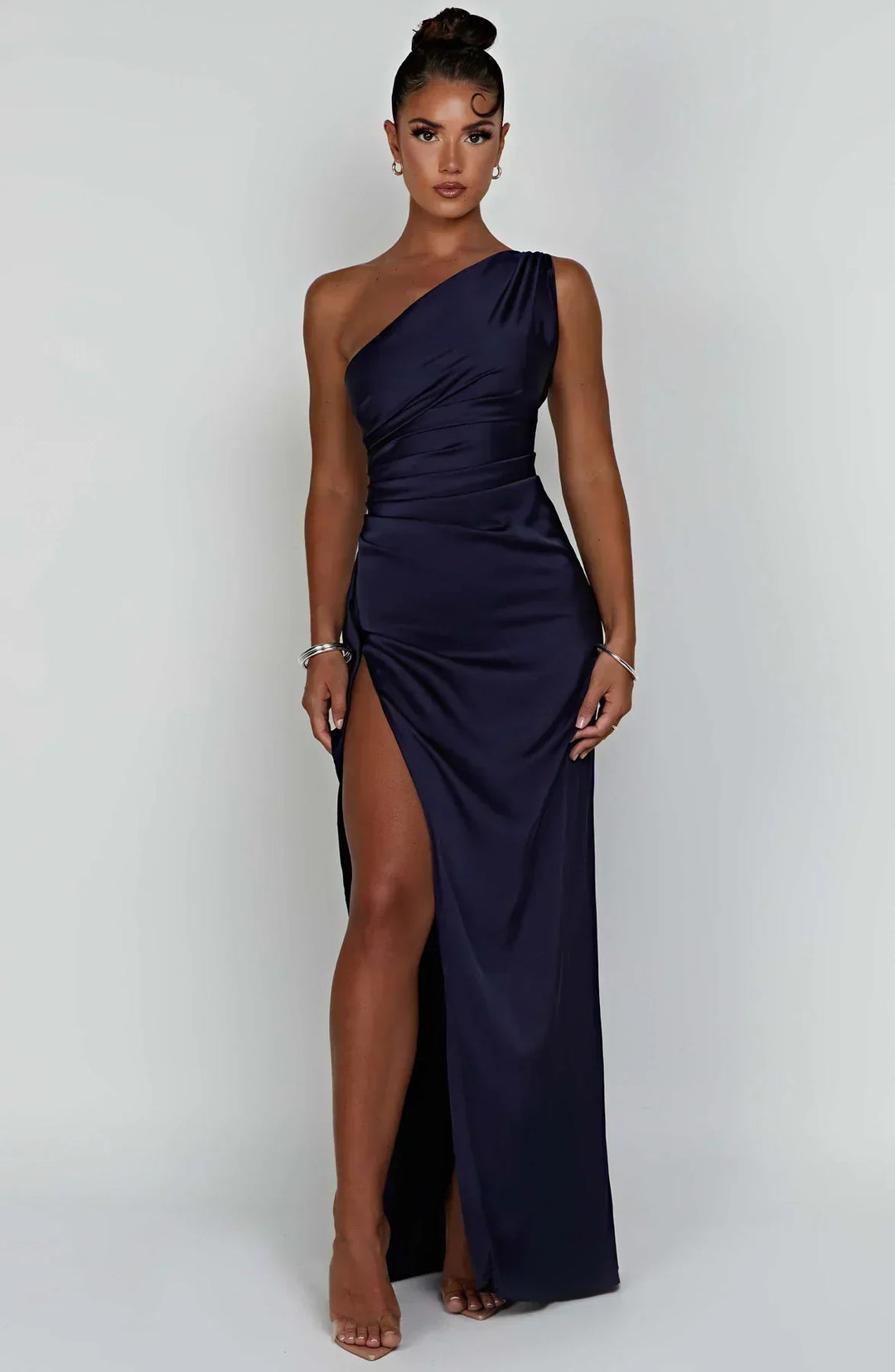Laura | Women's One-Shoulder Pleated Satin Dress with Slit
