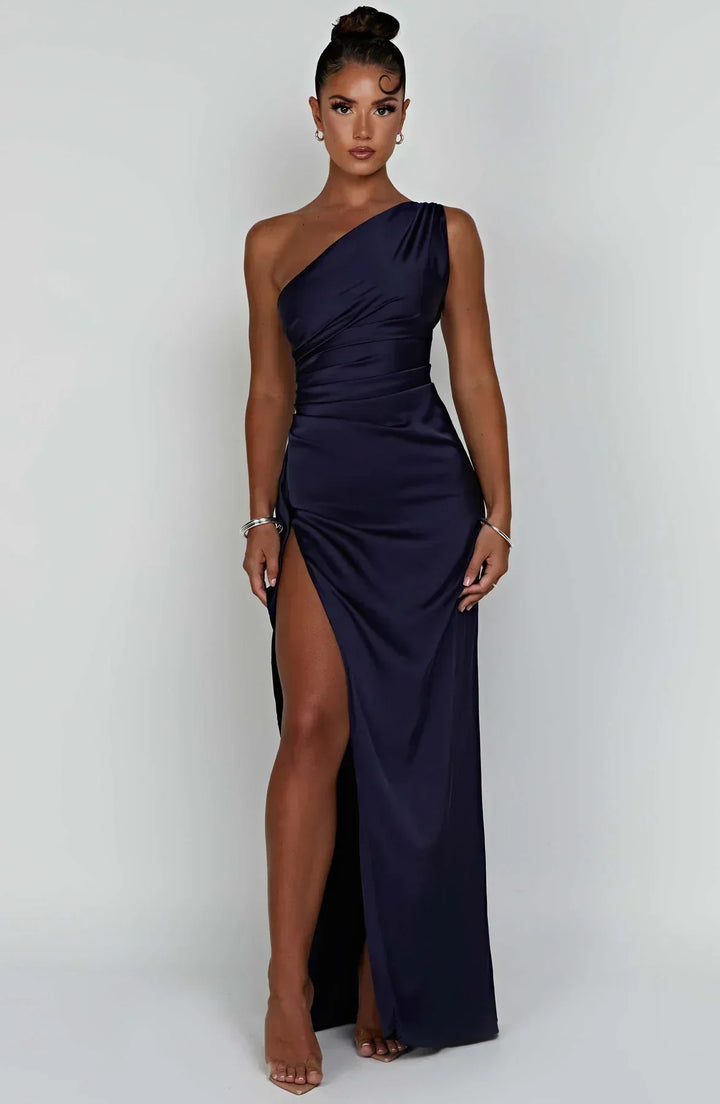 Laura | Women's One-Shoulder Pleated Satin Dress with Slit