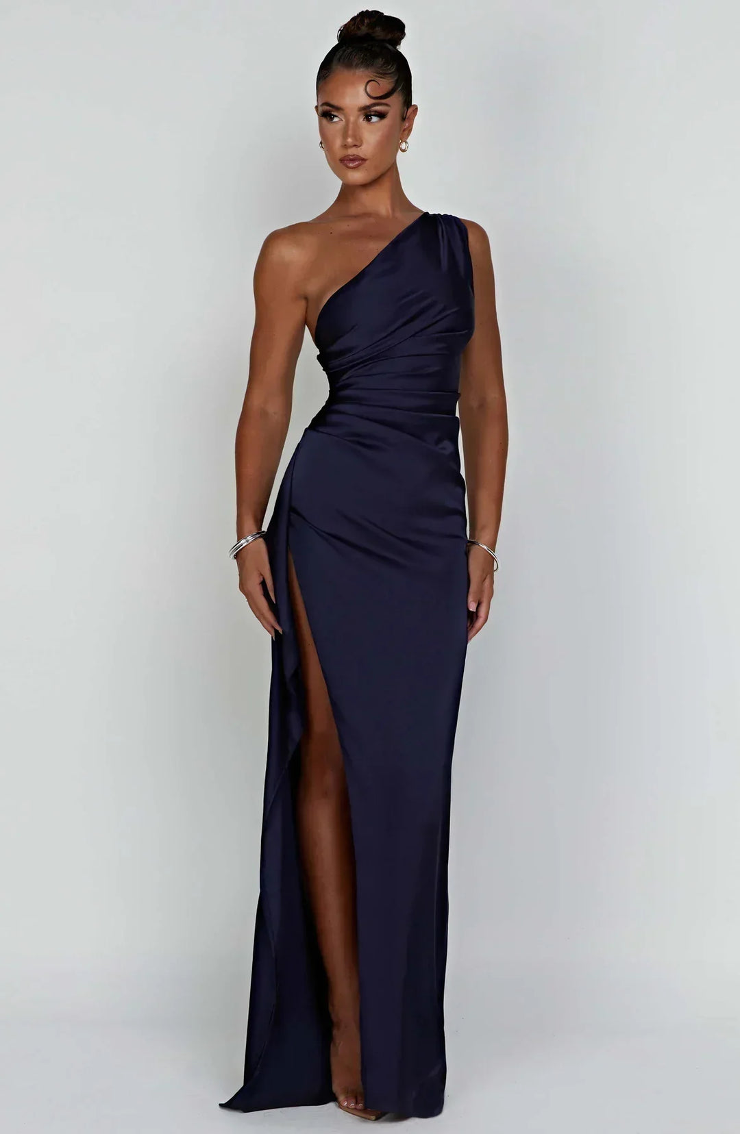 Laura | Women's One-Shoulder Pleated Satin Dress with Slit