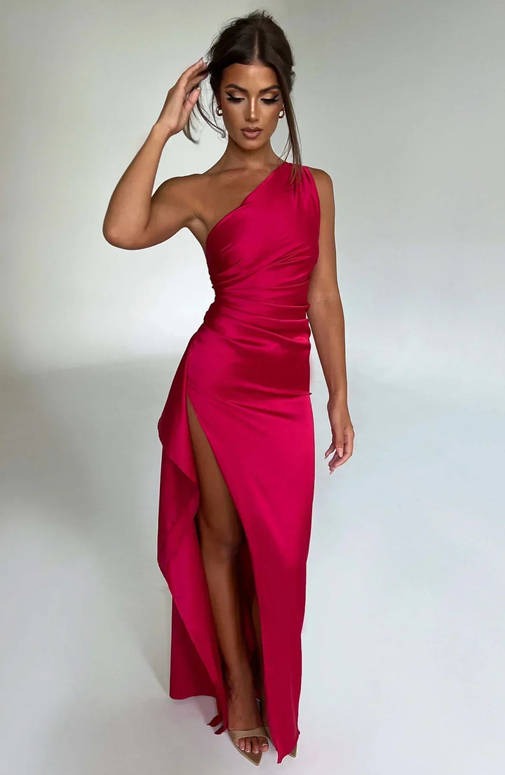 Laura | Women's One-Shoulder Pleated Satin Dress with Slit
