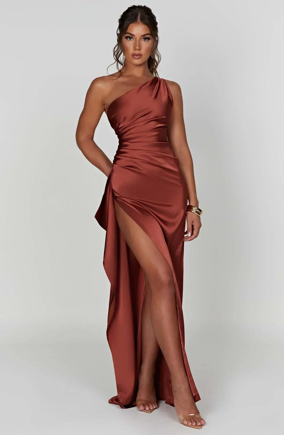 Laura | Women's One-Shoulder Pleated Satin Dress with Slit